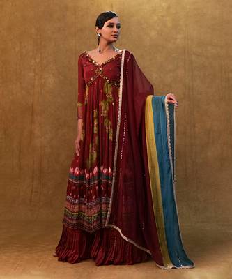 Maroon printed anarkali paired with skirt and dupatta 1
