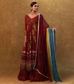 Maroon printed anarkali paired with skirt and dupatta