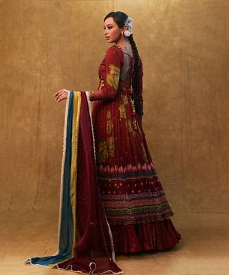 Maroon printed anarkali paired with skirt and dupatta 2