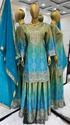 Sky Colour Designer Wedding Wear Embroidery Work With Print Fully Stitched Sharara Set 1
