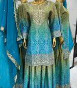 Sky Colour Designer Wedding Wear Embroidery Work With Print Fully Stitched Sharara Set