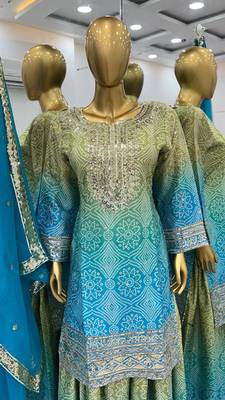 Sky Colour Designer Wedding Wear Embroidery Work With Print Fully Stitched Sharara Set 3