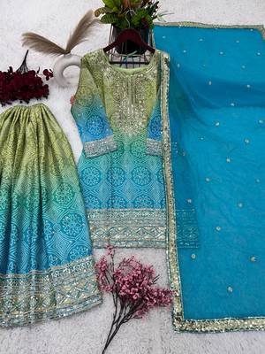 Sky Colour Designer Wedding Wear Embroidery Work With Print Fully Stitched Sharara Set 5