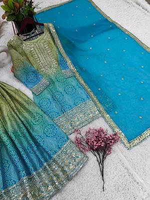 Sky Colour Designer Wedding Wear Embroidery Work With Print Fully Stitched Sharara Set 6