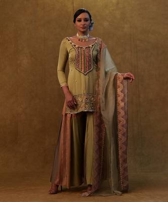 Sage green suit with color block sharara and a organza dupatta 1