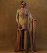 Sage green suit with color block sharara and a organza dupatta