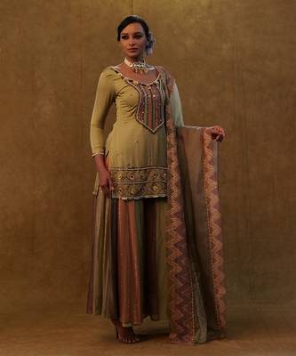Sage green suit with color block sharara and a organza dupatta 2