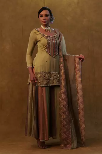Sage green suit with color block sharara and a organza dupatta