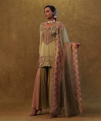 Sage green suit with color block sharara and a organza dupatta 3