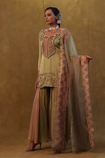 Sage green suit with color block sharara and a organza dupatta