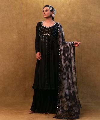 Black anarkali paired with tie- dye dupatta and flared pants 1