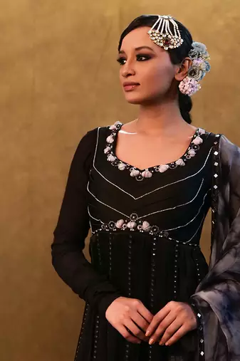 Black anarkali paired with tie- dye dupatta and flared pants