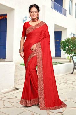 Designer red heavy zari embroidery border art silk saree 1