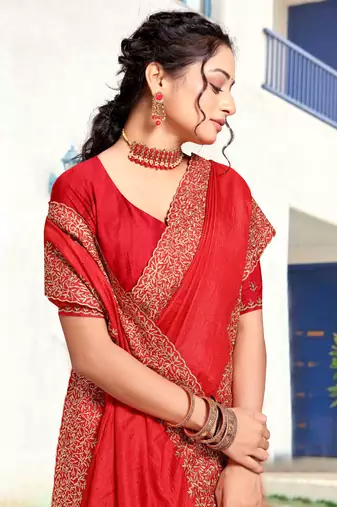 Designer red heavy zari embroidery border art silk saree