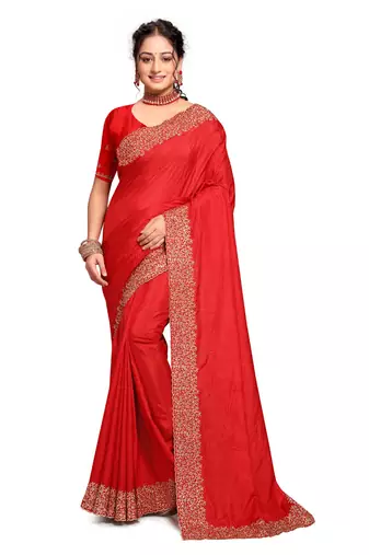 Designer red heavy zari embroidery border art silk saree