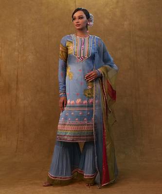 Ocean blue printed kurta set paired with color block dupatta and flared pants. 1
