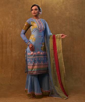 Ocean blue printed kurta set paired with color block dupatta and flared pants. 3