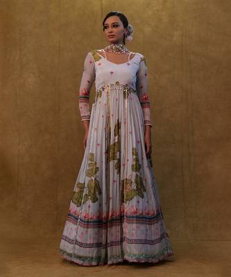 Light grey printed floor length anarkali paired with small neck dupatta. 1