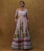 Light grey printed floor length anarkali paired with small neck dupatta.