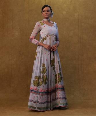 Light grey printed floor length anarkali paired with small neck dupatta. 2