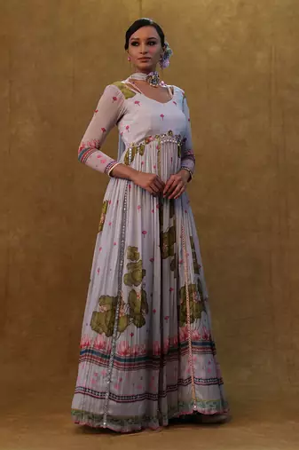 Light grey printed floor length anarkali paired with small neck dupatta.