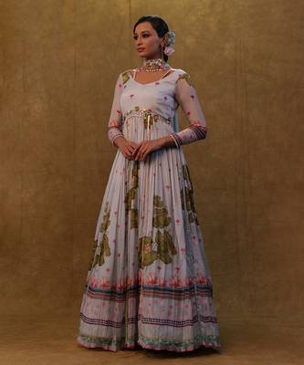Light grey printed floor length anarkali paired with small neck dupatta. 3