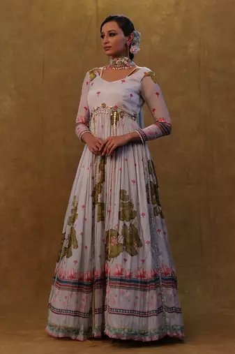 Light grey printed floor length anarkali paired with small neck dupatta.