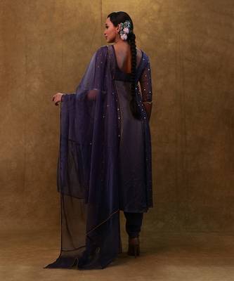Charcoal blue anarkali suit paired with dupatta and drape pants. 3