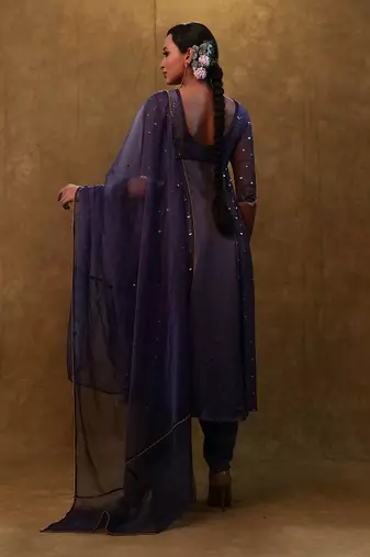 Charcoal blue anarkali suit paired with dupatta and drape pants.