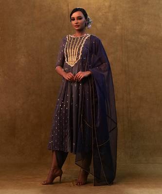 Charcoal blue anarkali suit paired with dupatta and drape pants. 1