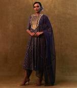 Charcoal blue anarkali suit paired with dupatta and drape pants.
