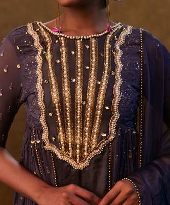 Charcoal blue anarkali suit paired with dupatta and drape pants. 4