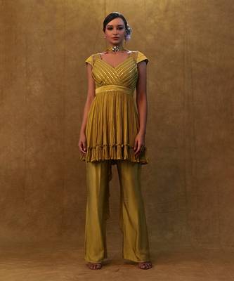 Olive peplum set paired with pants and a neck dupatta 1