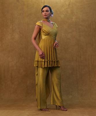 Olive peplum set paired with pants and a neck dupatta 2