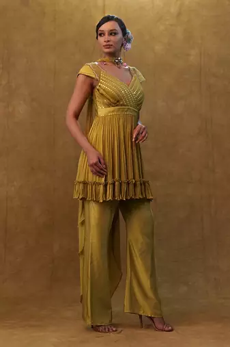 Olive peplum set paired with pants and a neck dupatta