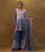 Ice blue shaded sharara set paired with dupatta and layered colour block sharara.