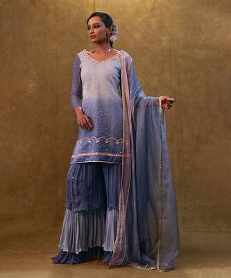 Ice blue shaded sharara set paired with dupatta and layered colour block sharara. 2