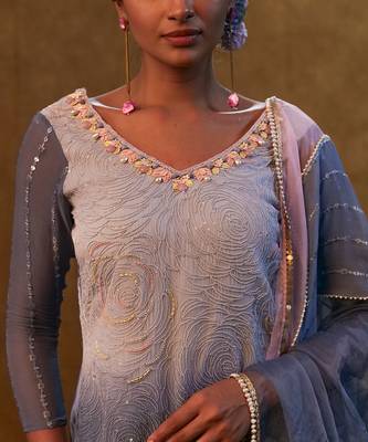 Ice blue shaded sharara set paired with dupatta and layered colour block sharara. 3