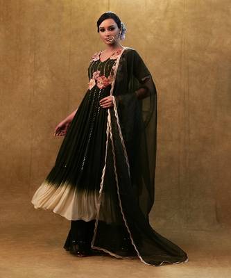 green shaded anarkali set paired with dupatta and pants. 2