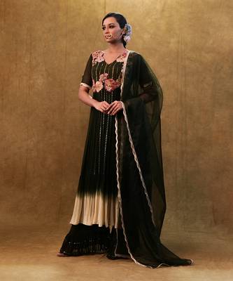 green shaded anarkali set paired with dupatta and pants. 3