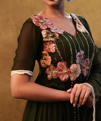 green shaded anarkali set paired with dupatta and pants. 4