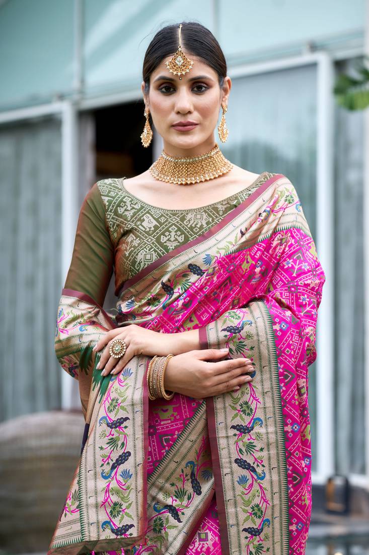 Pink Patola Silk Printed Heavy Rich Pallu & Border Saree With Blouse For Women