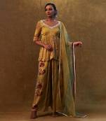 Mustard printed peplum set paired with dupatta and pants