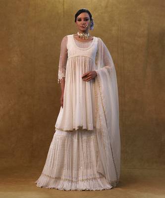 White anarkali set paired with skirt and dupatta 1