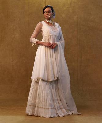 White anarkali set paired with skirt and dupatta 3