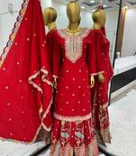 Red Colour Chinnon Silk Wedding Wear Heavy Embroidery Work Fully Stitched Sharara Set