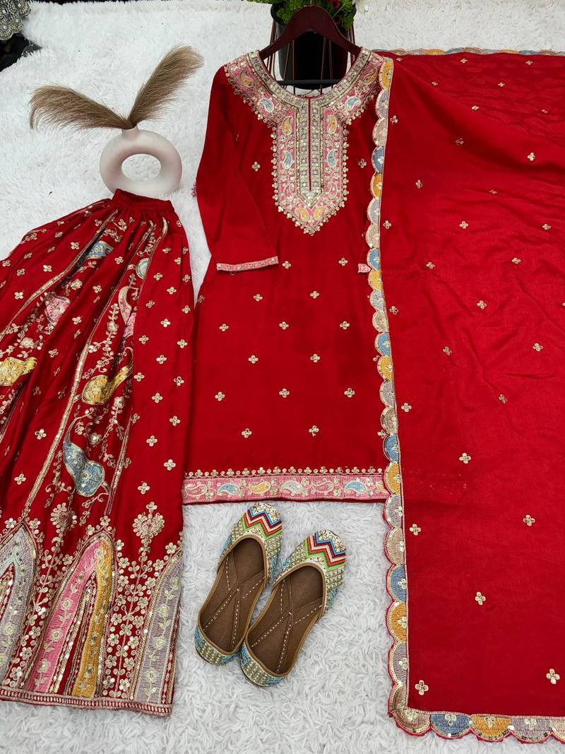 Red Colour Chinnon Silk Wedding Wear Heavy Embroidery Work Fully Stitched Sharara Set