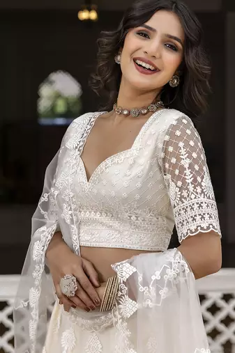 Trendmalls Women's White Beautiful Thred Sequence Work Lehenga Choli for women Designer, NewBridal, Bollywood Free Size