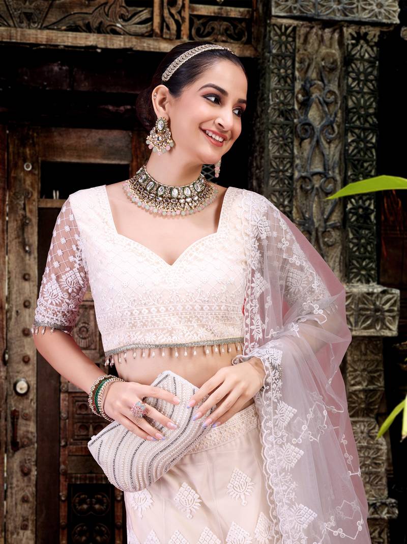 Women's White Beautiful Thred Sequence Work Lehenga Choli for women Designer, NewBridal, Bollywood Free Size