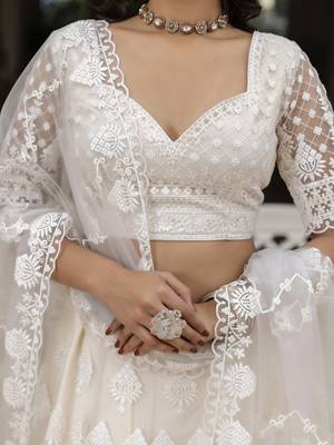 Trendmalls Women's White Beautiful Thred Sequence Work Lehenga Choli for women Designer, NewBridal, Bollywood Free Size 8